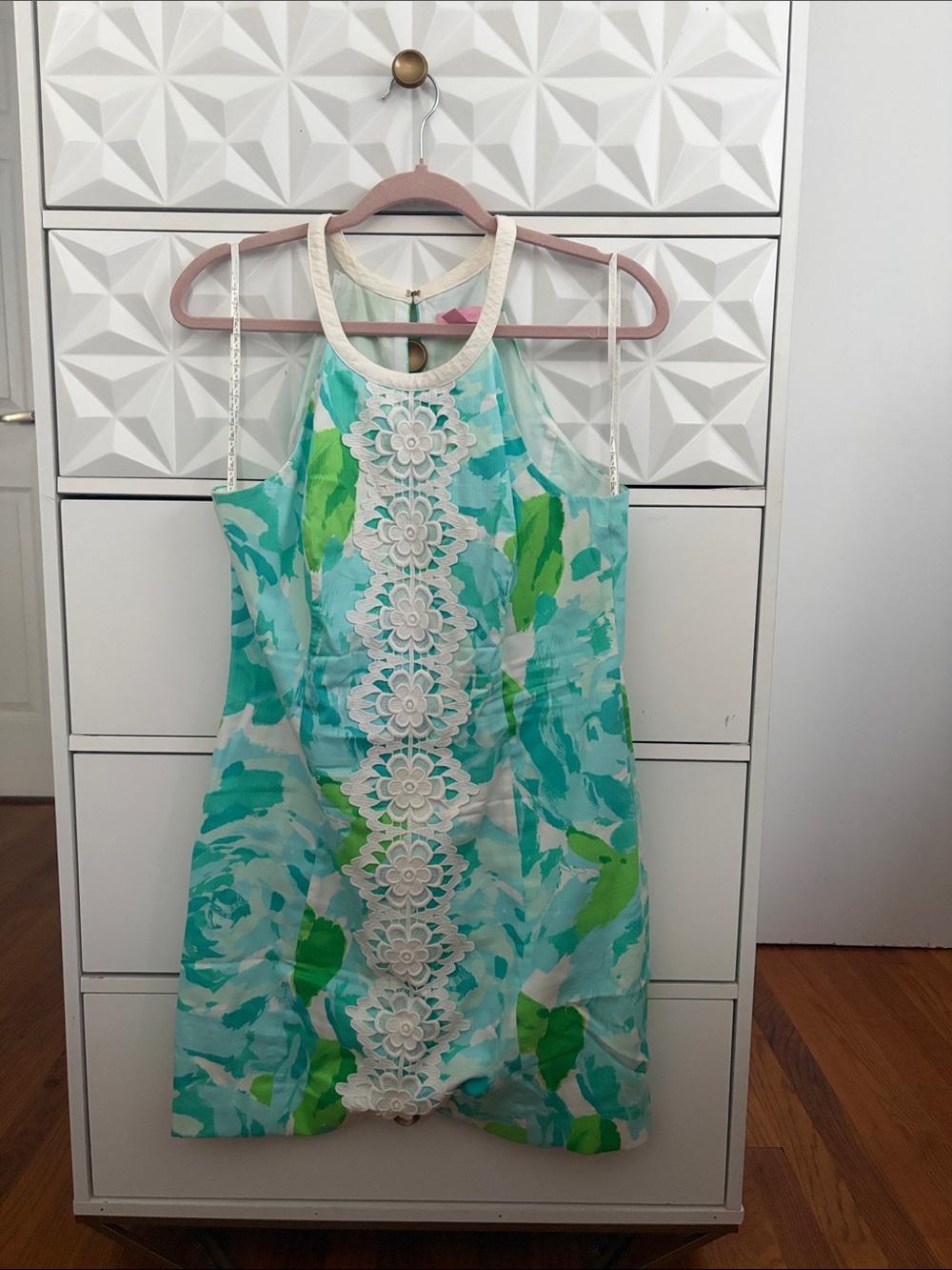 Lilly Pulitzer Aqua & Lime Floral Halter Dress with Lace Applique